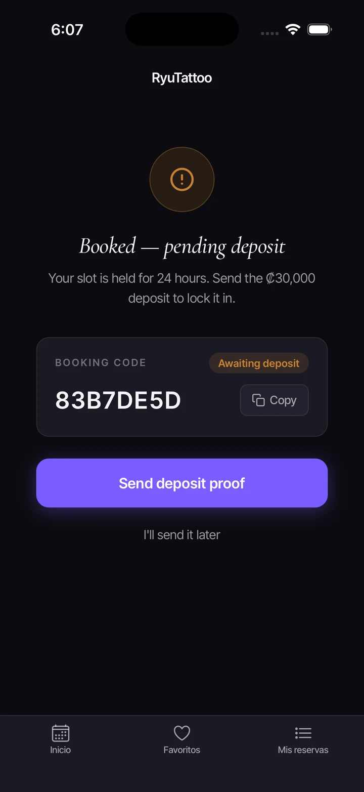 InkSlate: reserva confirmada, pendiente de depósito, con código de reserva