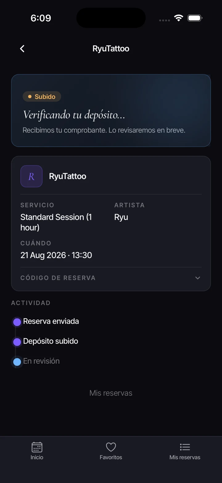 InkSlate: resumen de la reserva con estado del depósito y actividad